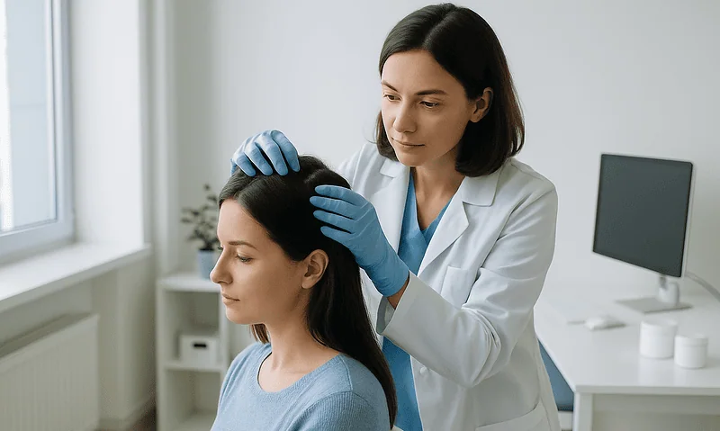 Doctor performing a hair examination on a patient in a clinical setting.