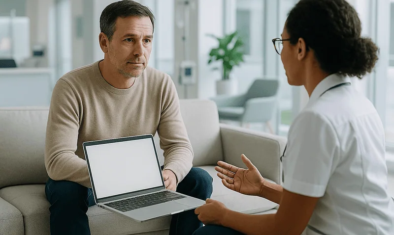 Doctor consulting with a patient in a modern hospital setting.