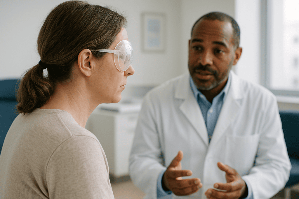 Doctor consulting with patient wearing safety glasses: How many days should I rest after LASIK?