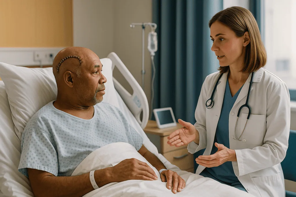 Doctor consulting patient in hospital bed — How many days will I stay in hospital after a craniotomy?