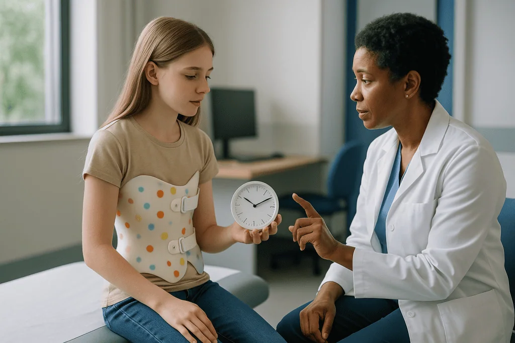 Healthcare provider consulting young patient with clock: How many hours a day do you wear a scoliosis brace, and does it mat