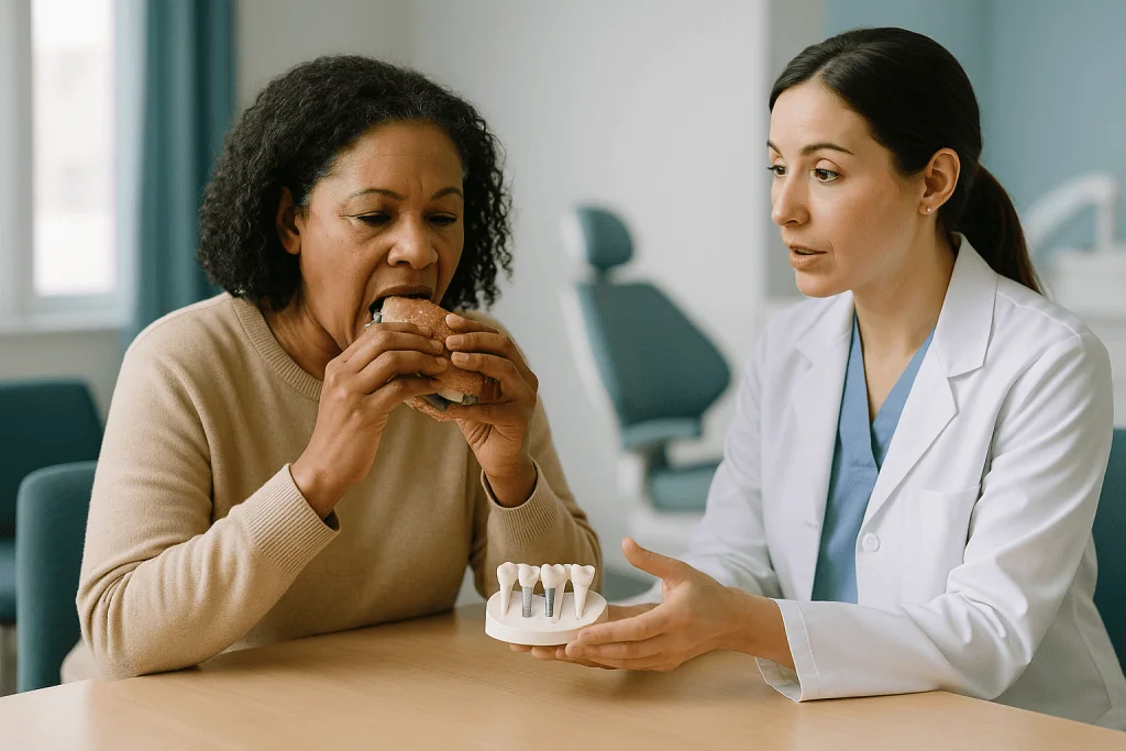 Woman eating sandwich while healthcare provider holds dental model: How many implants do I need? Why the count changes for t