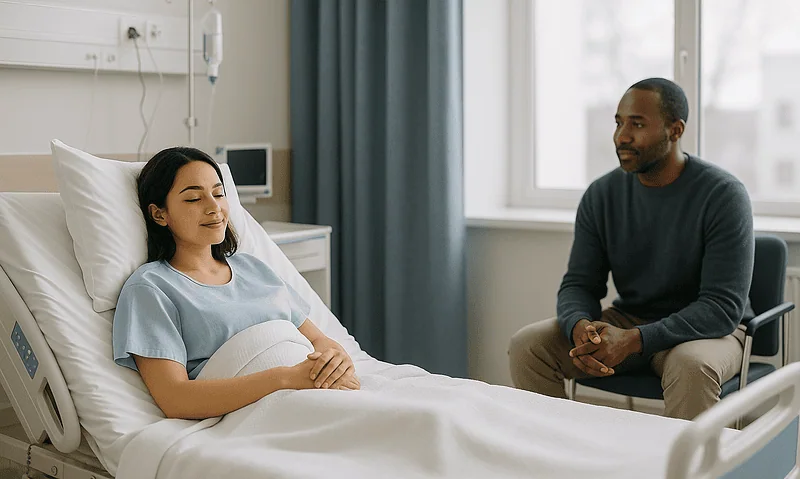 Patient resting in hospital bed with visitor in hospital room.