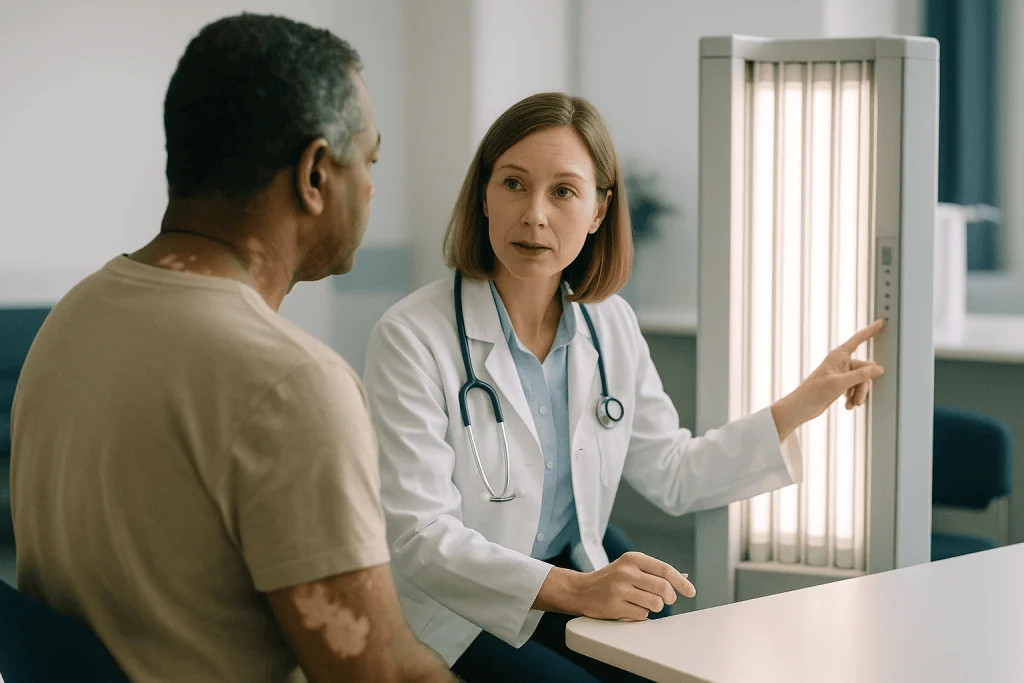 Doctor consulting patient in clinic office: How many phototherapy sessions does vitiligo need, and how often?