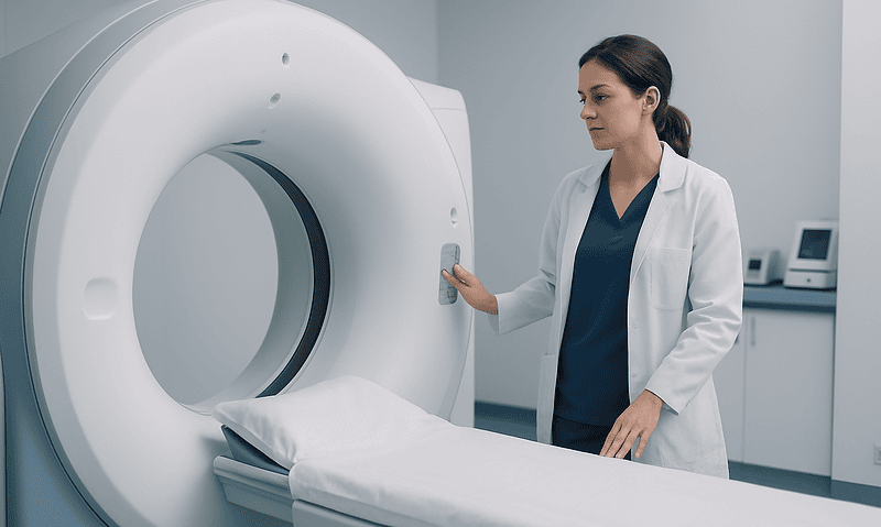 Medical professional prepares MRI scan in a hospital setting.