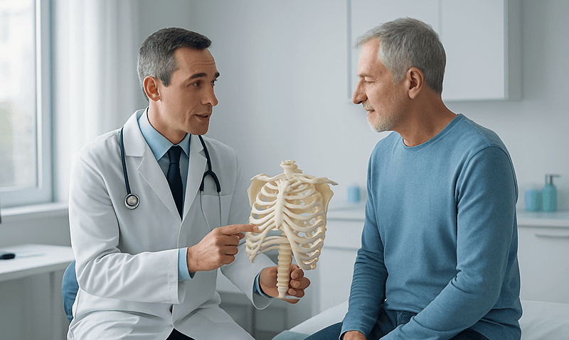 Doctor explaining rib anatomy to a patient with a skeleton model.