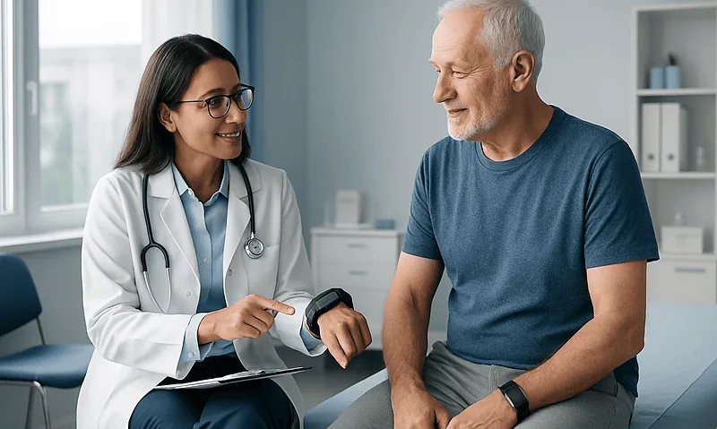Doctor checking patient's wristwatch during consultation at hospital.