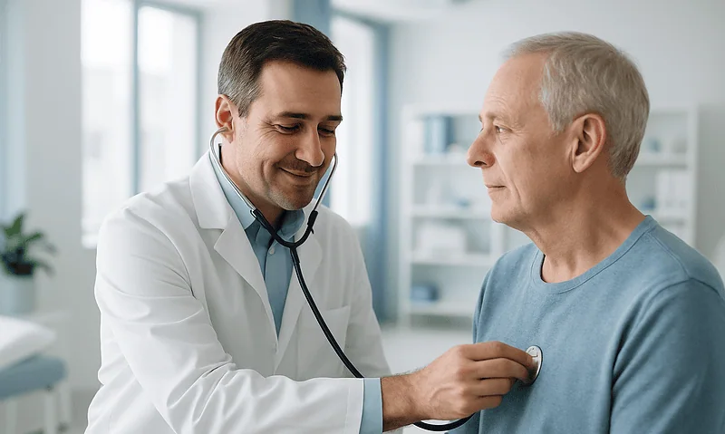 Doctor examining a senior patient's heart with a stethoscope in a clinic.