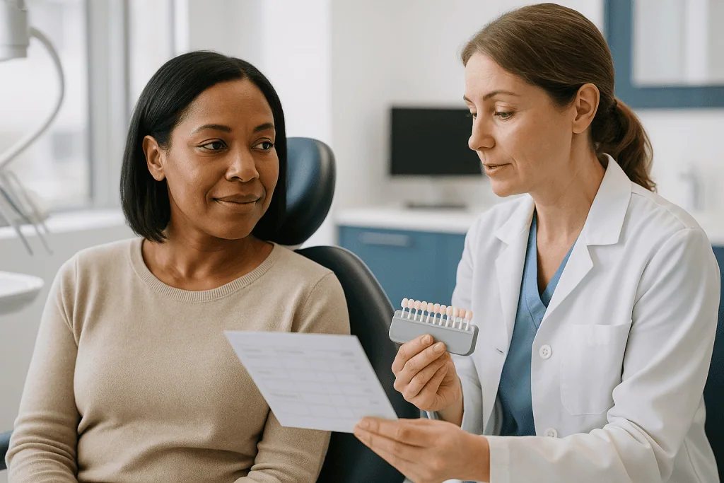Dentist consulting patient about tooth veneer options — How many visits for veneers? Porcelain and composite compared
