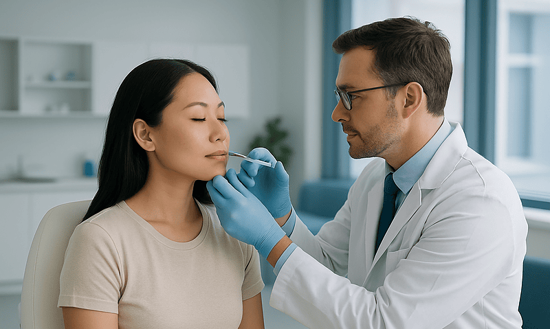 Doctor performing Botox injection on patient's jaw muscle in clinic.