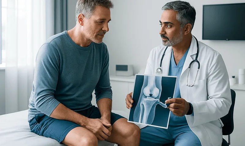 Doctor explains knee X-ray to patient in a consultation room.