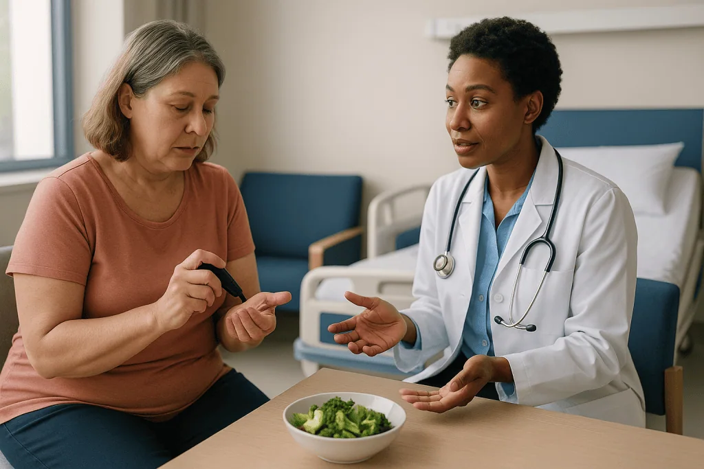 Doctor consulting patient about diet and health management: How metabolic syndrome treatment options work: the target is ins