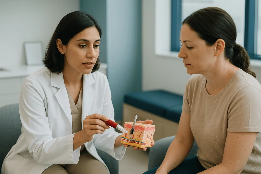 Dermatologist explaining skin treatment to adult patient: How microneedling actually works inside the skin