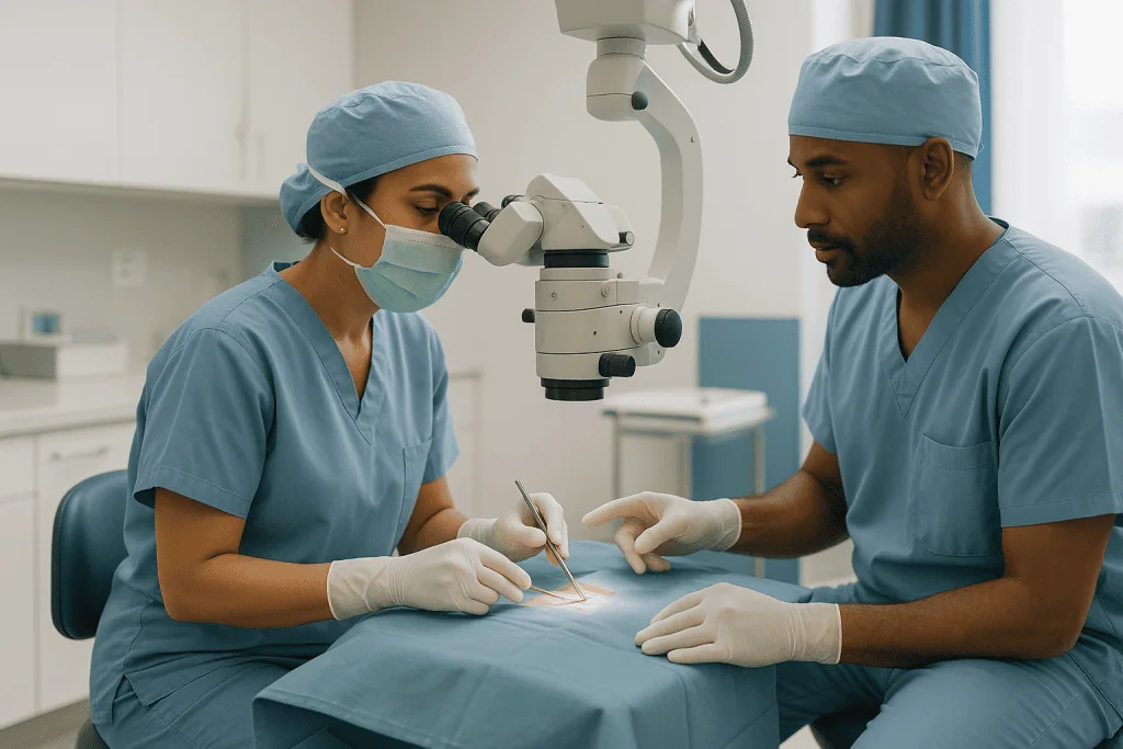 Two surgeons performing a minor procedure under microscope: How microsurgery actually works in the operating room