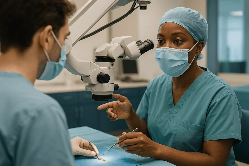 Two surgeons performing a procedure with operating microscope: How microsurgery magnification actually works in the operatin