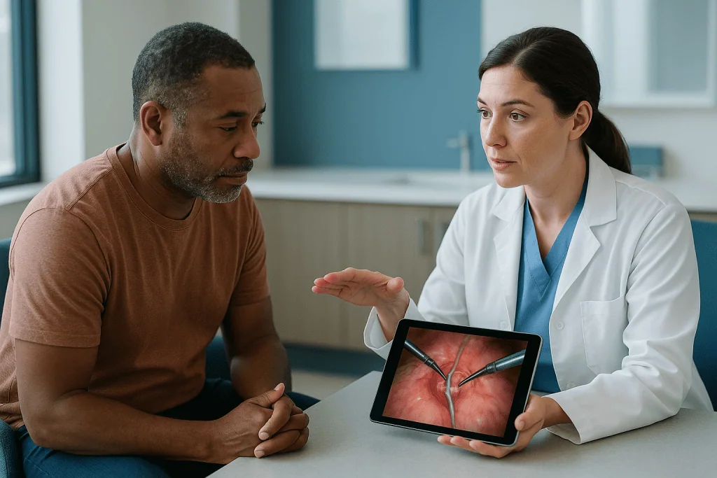 Doctor consulting patient about medical imaging on tablet: How microsurgical and laparoscopic varicocelectomy actually work