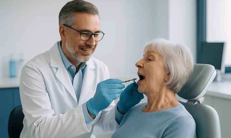Dentist examining elderly woman's mouth in a dental clinic.
