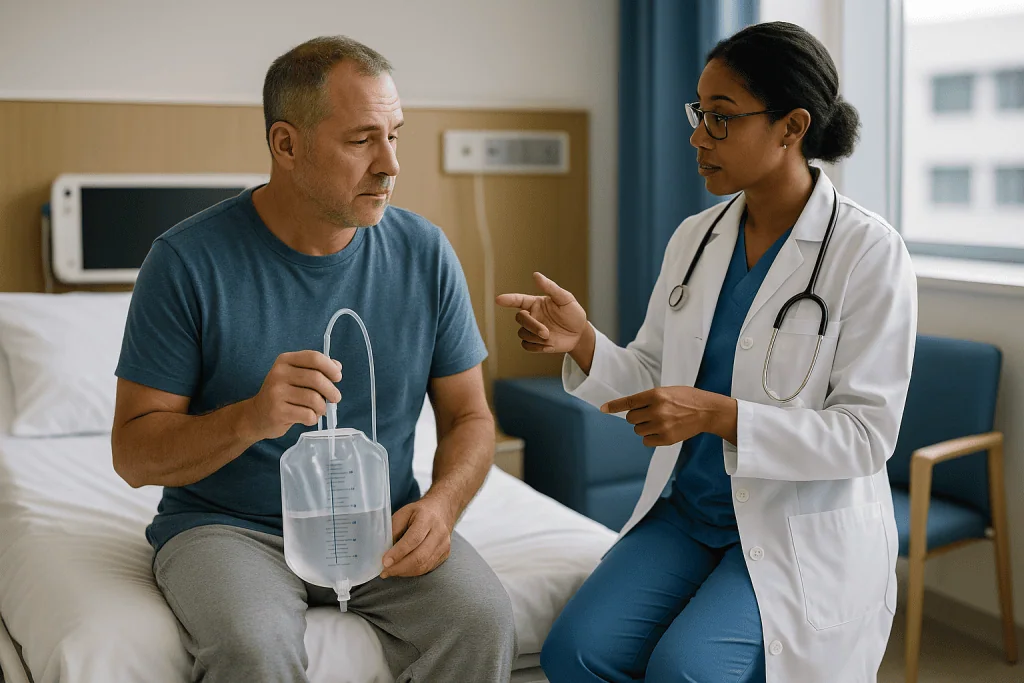 Doctor consulting patient holding urinary catheter bag: How minimally invasive urology recovery actually works inside the bo
