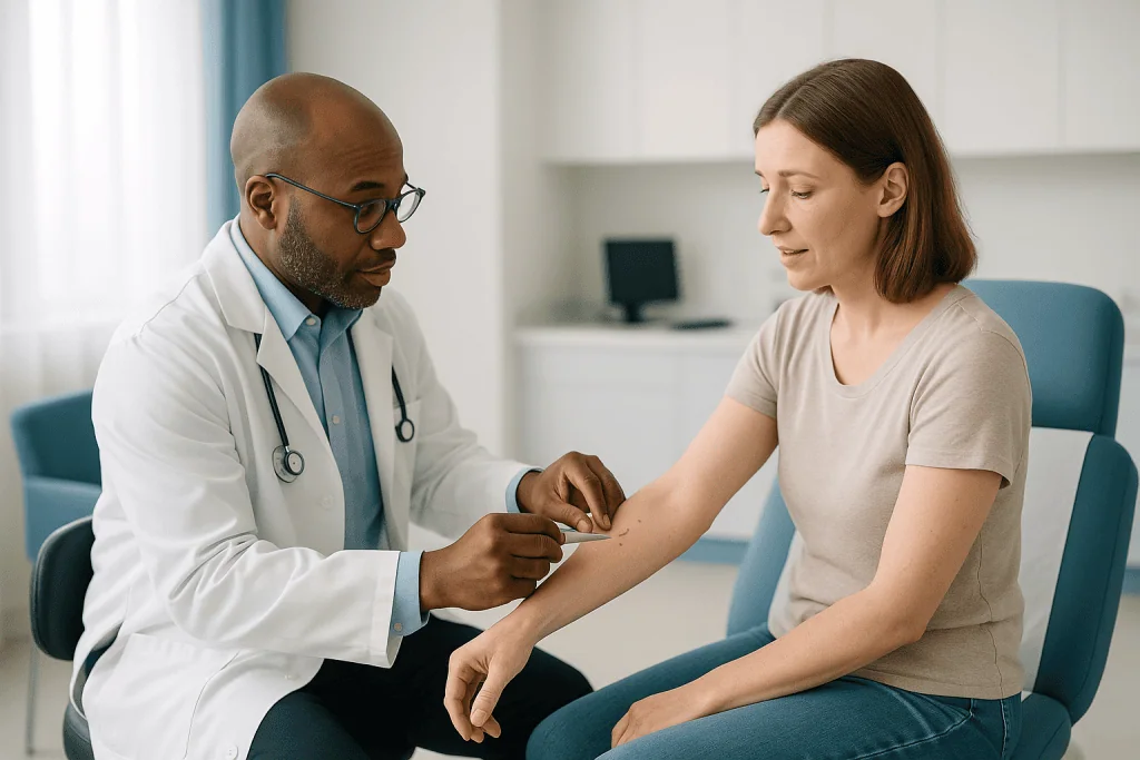 Doctor examining patient's arm during consultation — How mole removal actually happens: shave, excision, and what the choice 