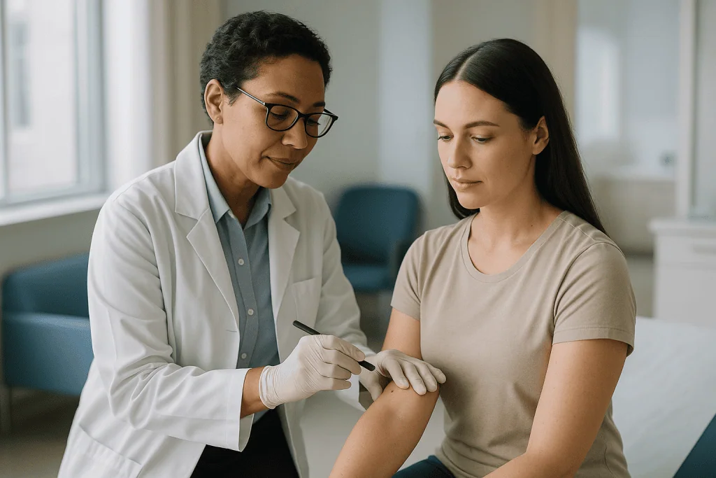 Dermatologist examining patient's skin with magnifying tool: How mole removal actually works, step by step