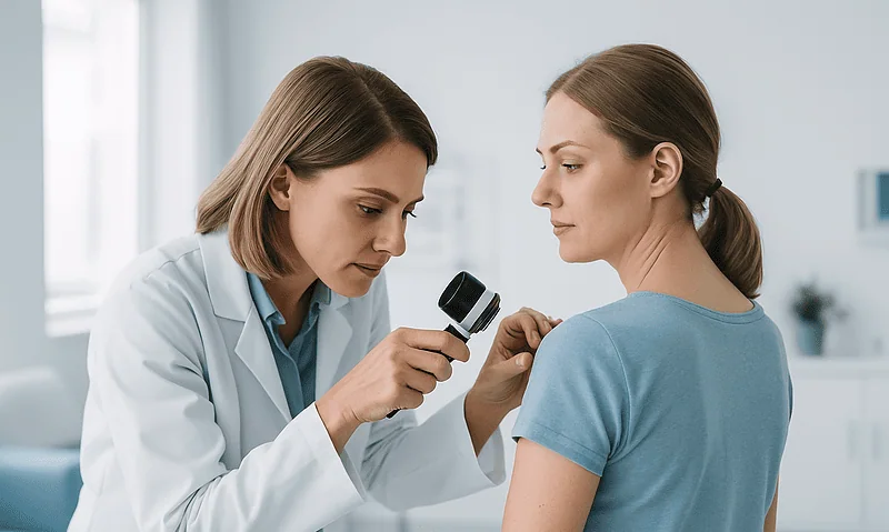 Doctor examining patient's shoulder with a dermatoscope in a clinical setting.