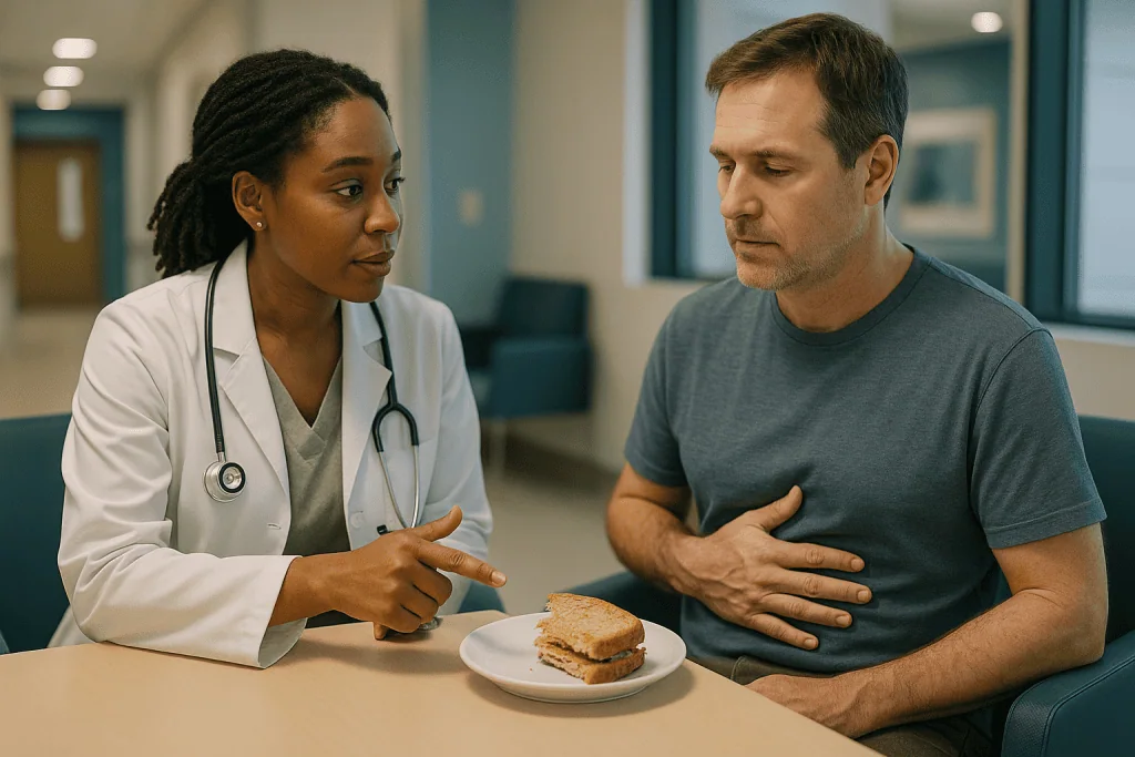 Doctor consulting patient about food sandwich — How Mounjaro works, and why the stomach feels it first