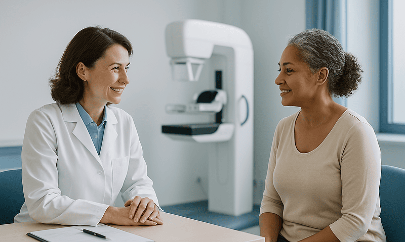 Female doctor consulting with a patient in a modern medical clinic.