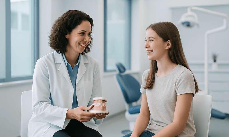 Dentist explaining dental braces options to a young patient in a clinic.
