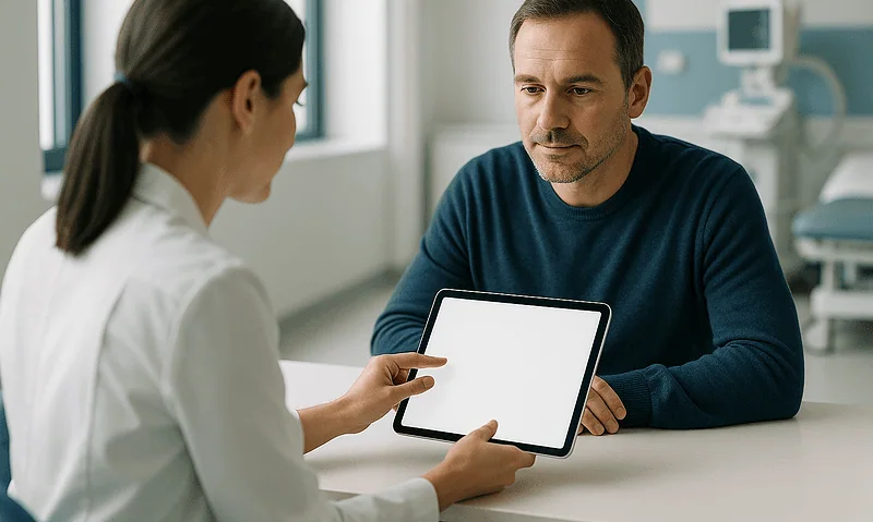 Doctor discussing pre-treatment tests with patient at Acibadem Hospital.