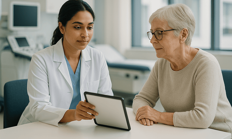 Doctor consulting with elderly patient in hospital setting.