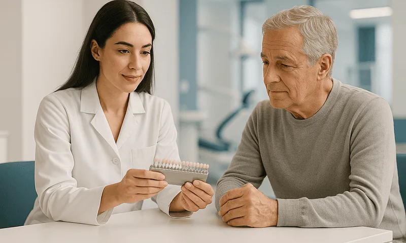Dentist showing dental veneers to a patient in a clinic setting.
