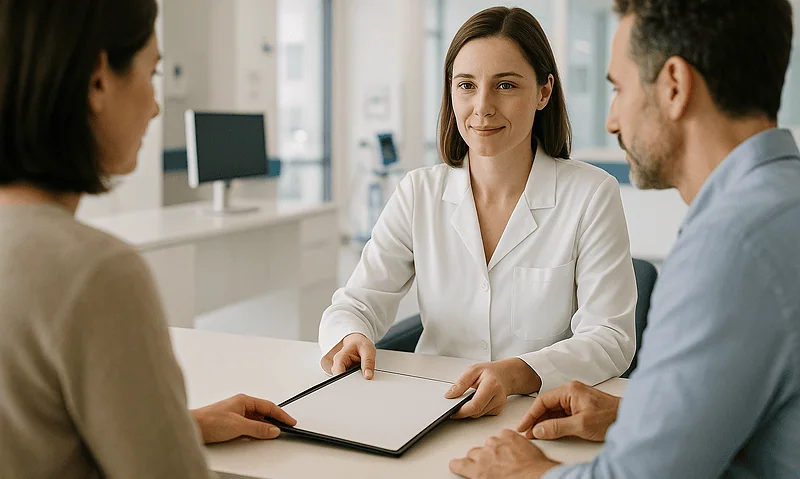 Medical consultation at Acibadem Hospital with doctor and patients discussing treatment options.