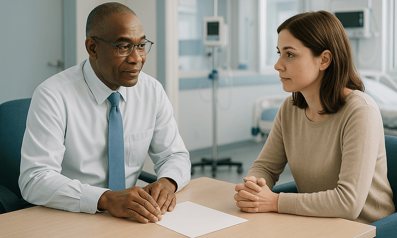 Doctor consulting with a patient in a hospital room.