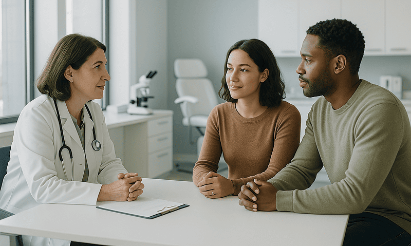 Doctor consulting with a couple in a modern medical office setting.