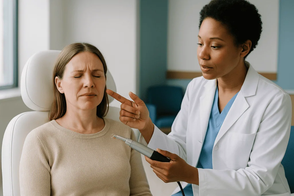 Female patient undergoing dermatological examination with handheld device: How much does laser resurfacing hurt at each dept