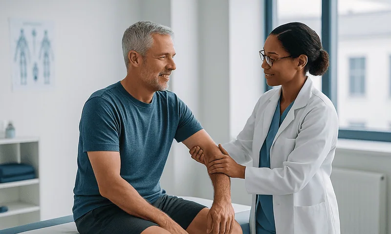 Doctor consulting with a senior male patient in a medical office.