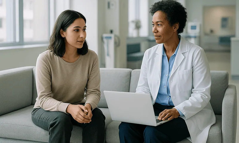 Doctor consulting with a patient in a modern hospital setting.
