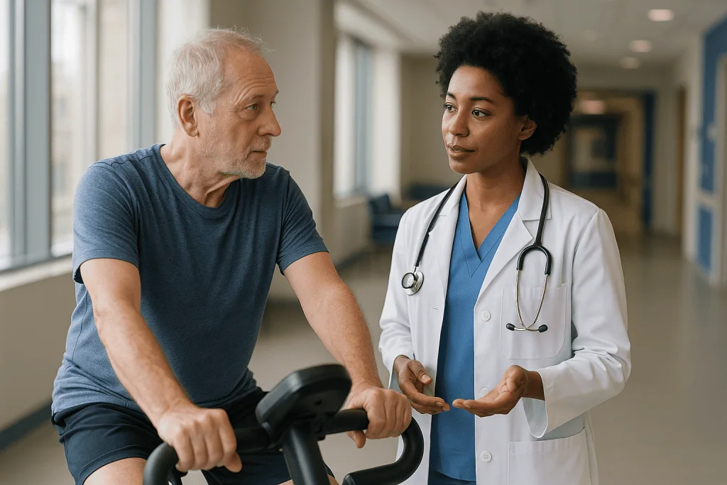 Senior man on stationary bike with female cardiologist — How Much Exercise Does Your Heart Actually Need?