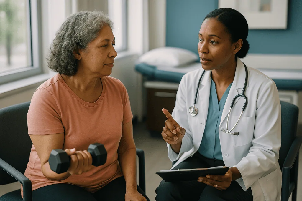 Doctor consulting patient holding dumbbell in clinic: How much exercise during hormone therapy? The weekly numbers explained