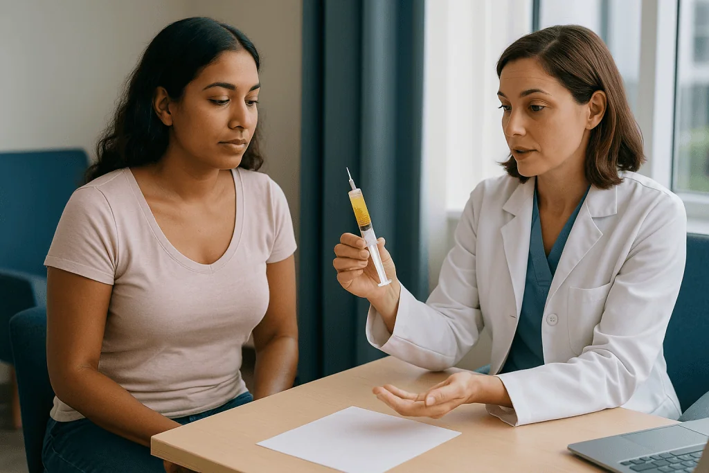 Doctor consulting patient with syringe containing golden liquid: How much fat is needed for breast fat transfer?