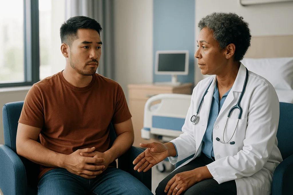 Doctor consulting with adult male patient in clinical setting: How much is colon cancer in young adults actually rising?