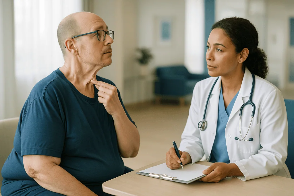 Doctor consulting with male patient in clinic: How much loose skin will I have after losing 100 pounds?