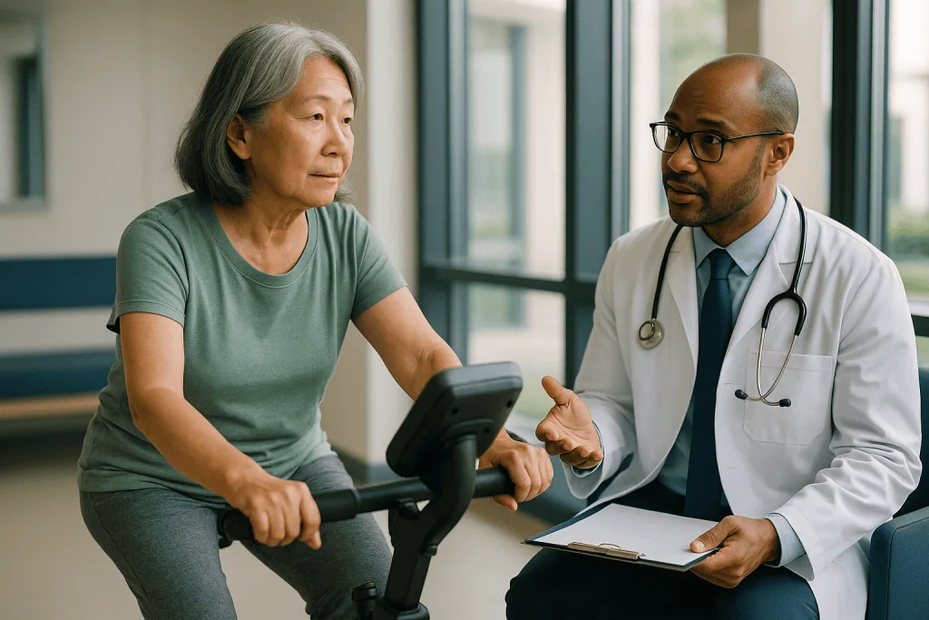 Doctor consulting with patient on exercise bike: How much low impact exercise for arthritis is enough each week?