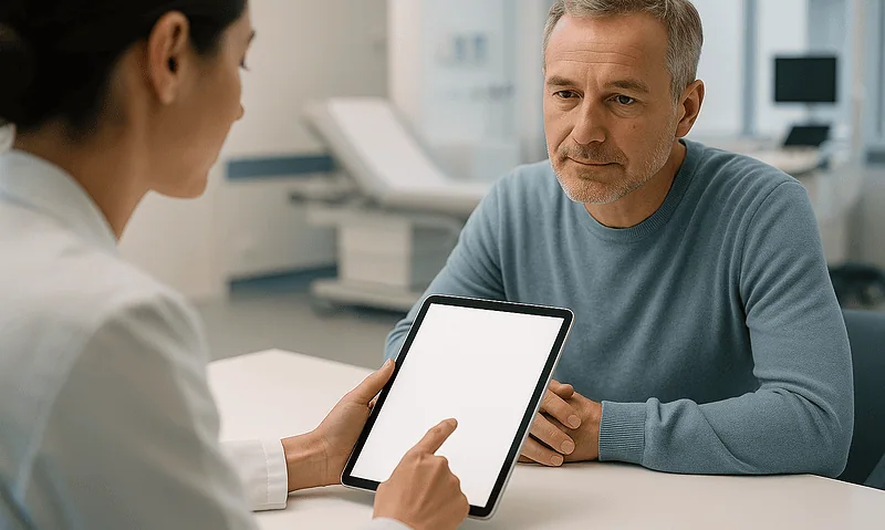 Doctor consulting with a middle-aged male patient in a modern hospital setting.