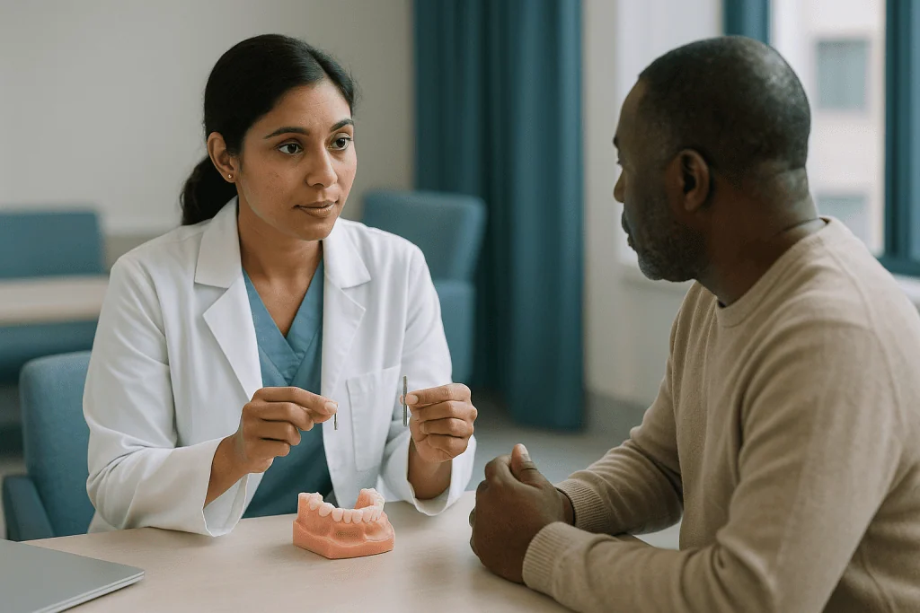 Dentist consulting patient about dental implant model: How much narrower is a mini implant, really?