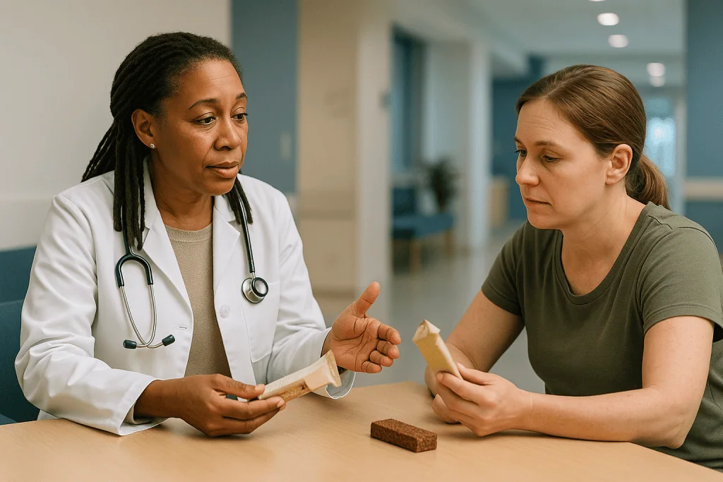 Doctor discussing protein bar with female patient: How much protein do you need, and how much of it belongs in a snack?