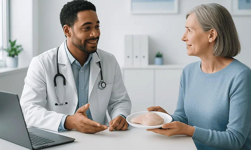 Doctor consulting with elderly woman about health in a clinic setting.