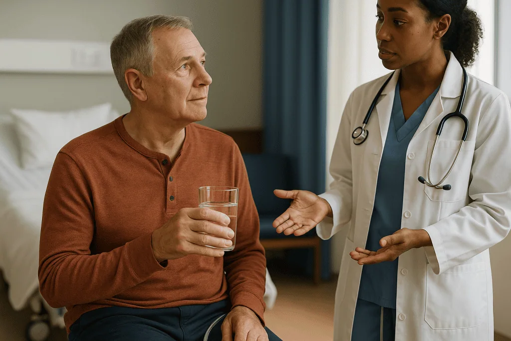 Doctor consulting with elderly male patient in hospital room: How much should you drink with a catheter, and does it really 
