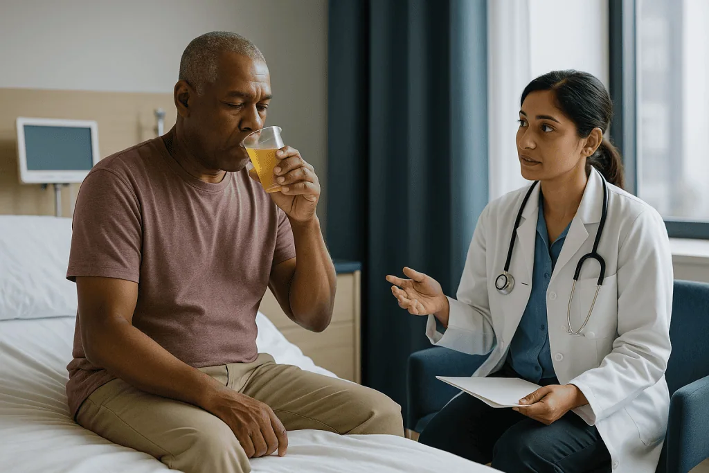 Doctor consulting patient, drinking juice in hospital room: How much urine is too much? Normal ranges versus polyuria