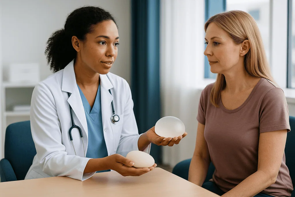Doctor consulting patient, holding silicone breast implants: How much volume can each option add?